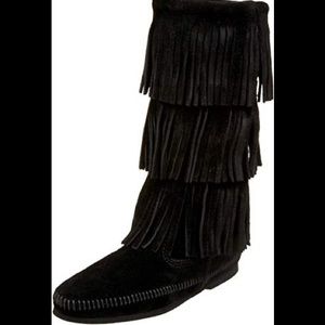 Black suede Minnetonka fringe boots
